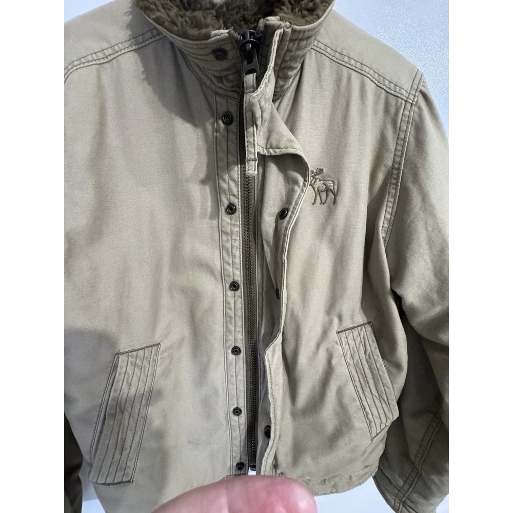 Abercrombie XL Boys Adirondack Coat Khaki Sherpa Lined Y2K Military Zip
